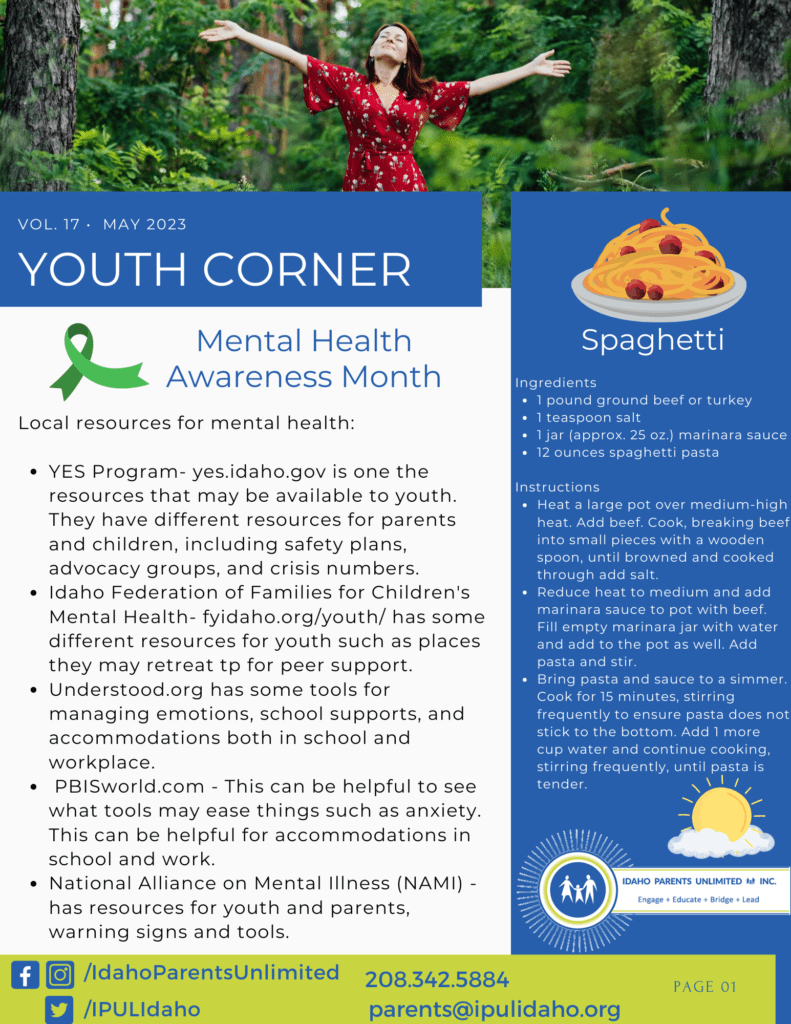 IMAGE OF WOMAN IN RED DRESS STANDING IN FOREST; MENTAL HEALTH AWARENESS RIBBON; SPAGHETTI ON RIGHT HAND SIDE; SUN BEHIND CLOUDS