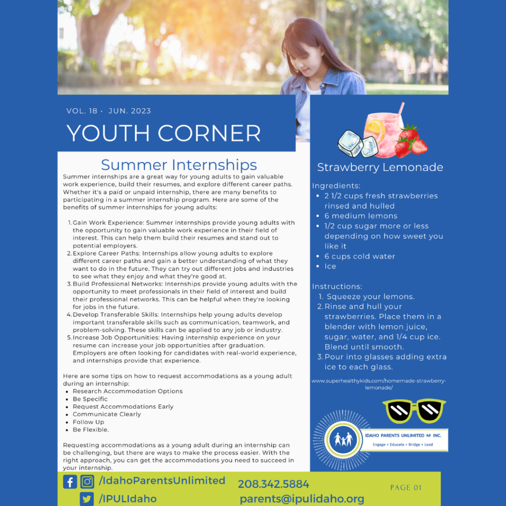 IMAGE OF YOUNG ADULT WOMAN ON COMPUTER; IMAGE OF STRAWBERRY LEMONADE NEXT TO STRAWBERRIES AND ICE ON RIGHT HAND SIDE