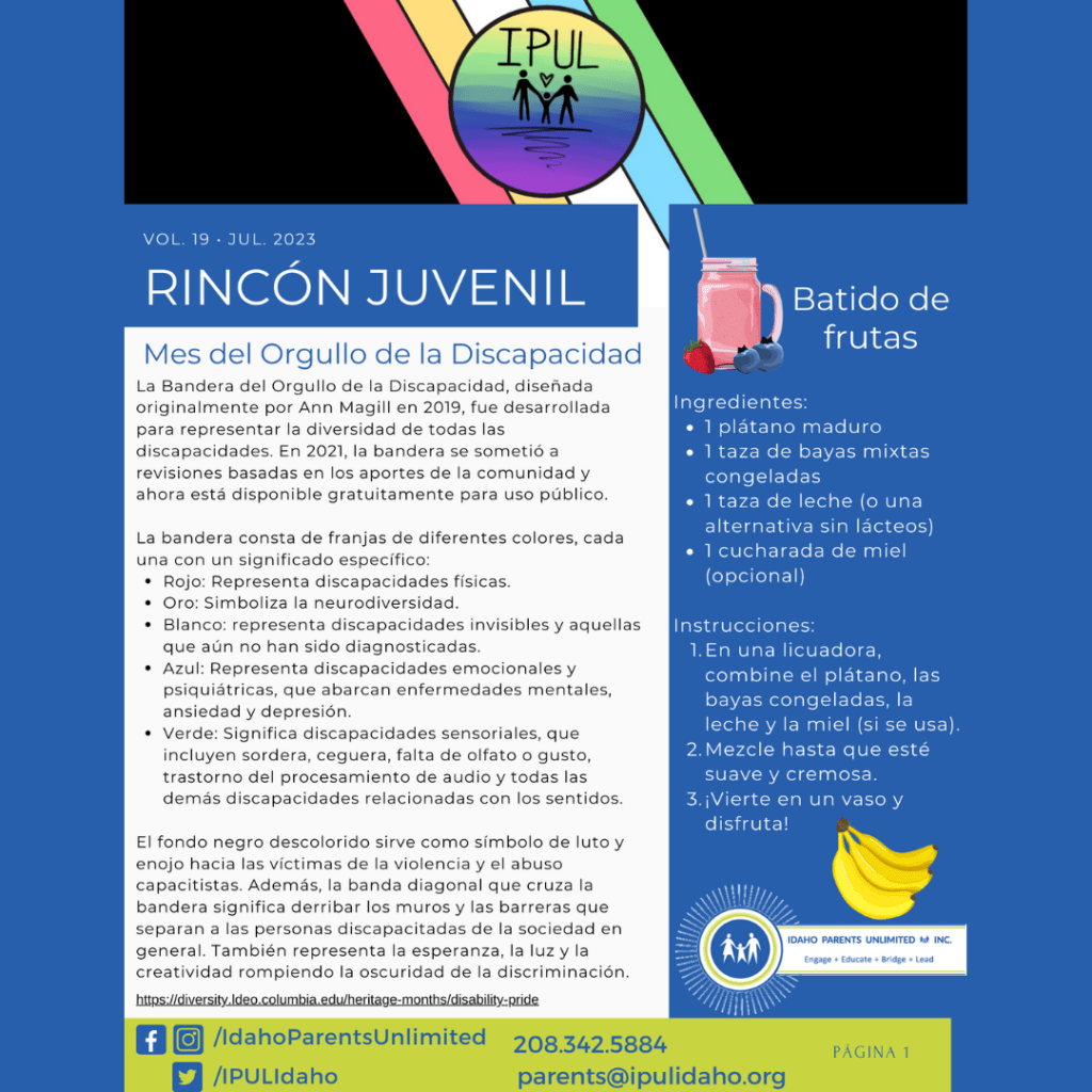 IMAGEN DE LA BANDERA DEL ORGULLO DE LA DISCAPACIDAD; IMAGEN DE BATIDO DE FRUTAS EN EL LADO IZQUIERDO; IMAGEN DE PLÁTANO BAJO RECETA DE SMOOTHIE DE FRUTAS