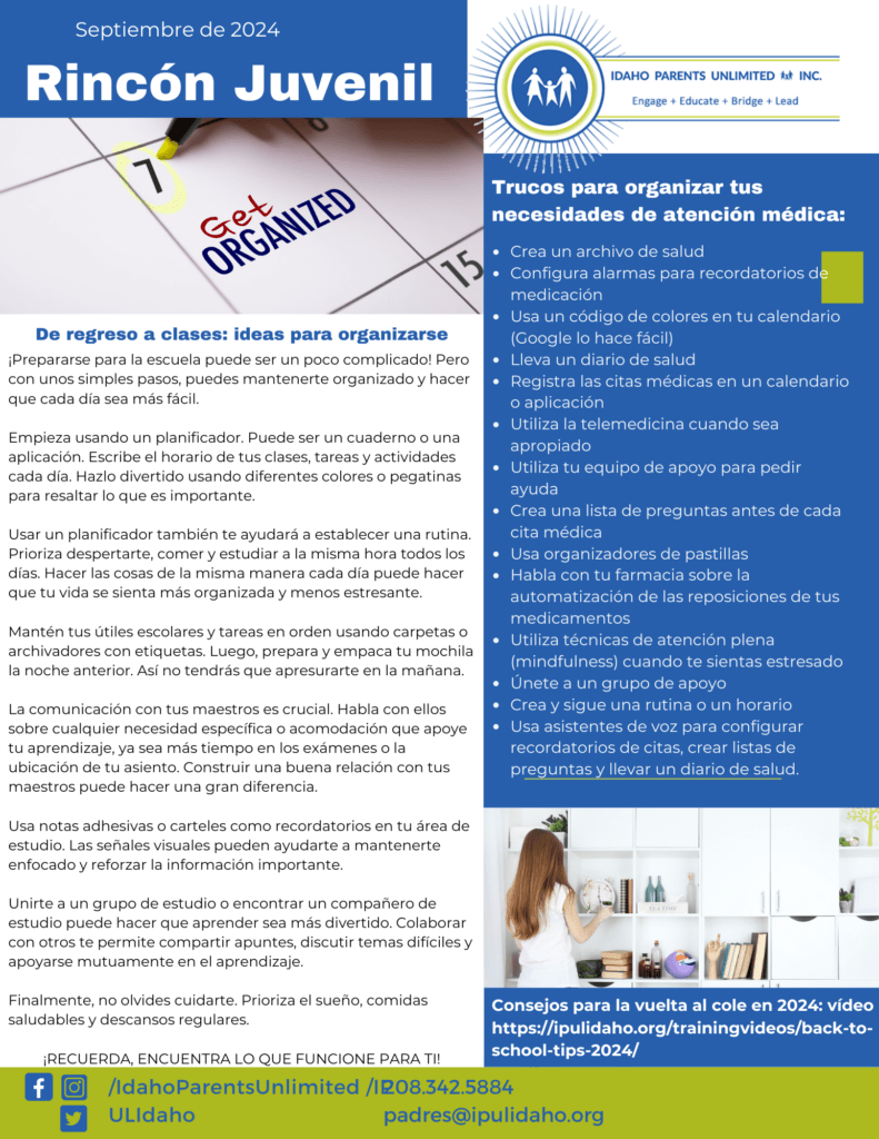 Imagen en la parte superior de un calendario con el texto 'Organízate'. Imagen en la parte inferior de una mujer organizando un estante.