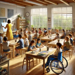 a teacher in a striped yellow dress teaches art to a classroom full of children. One child is in a wheelchair
