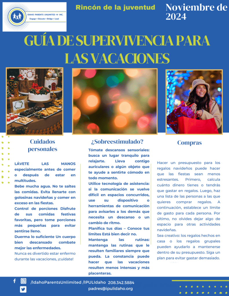 tres imágenes en la parte superior de la página: pasteles y galletas navideñas, una imagen borrosa de luces festivas y una mujer sonriente abrigada que lleva dos bolsas