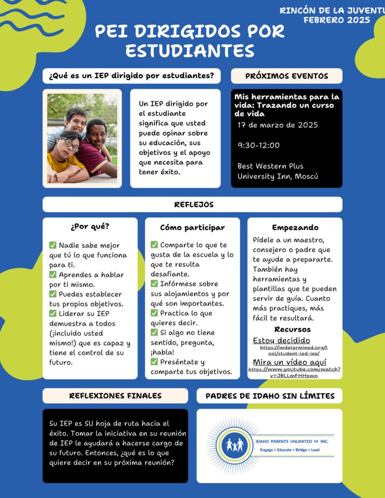 Folleto en español para el Rincón Juvenil de febrero. Una foto de tres jóvenes está en la esquina superior izquierda.