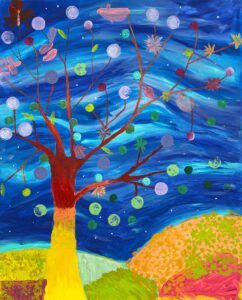 a painting showing a tree at night in front of a pair of colorful hills. The tree is sparsely populated with a combination of leaves and spheres