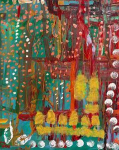 a mixed media artwork - painting is enhanced with stamps and thick layers of paint