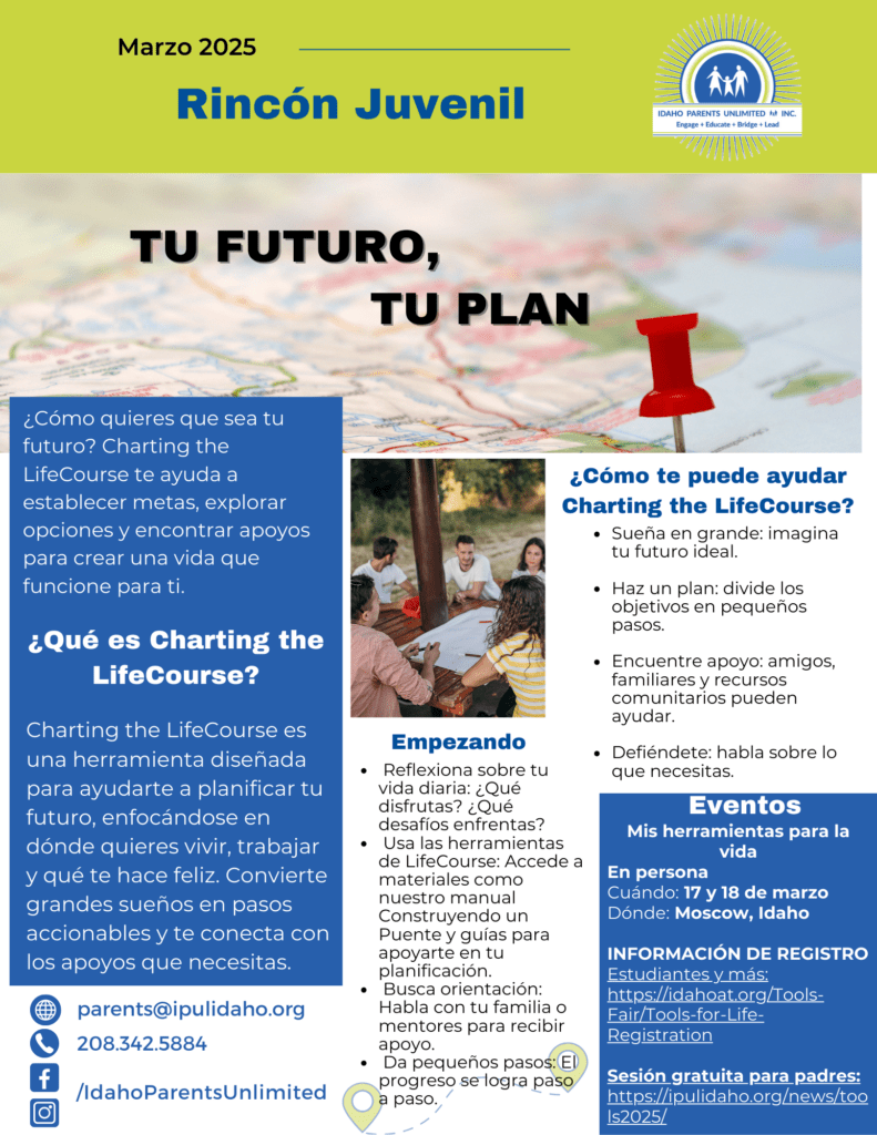 Una imagen de un pin rojo en un mapa cerca de la parte superior y un grupo de personas sentadas alrededor de una banca conversando en el centro de la página.