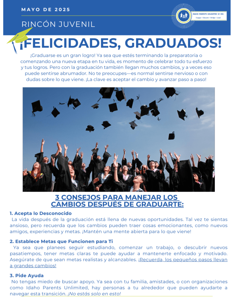 texto azul sobre fondo blanco - una imagen de graduados lanzando sus birretes al aire