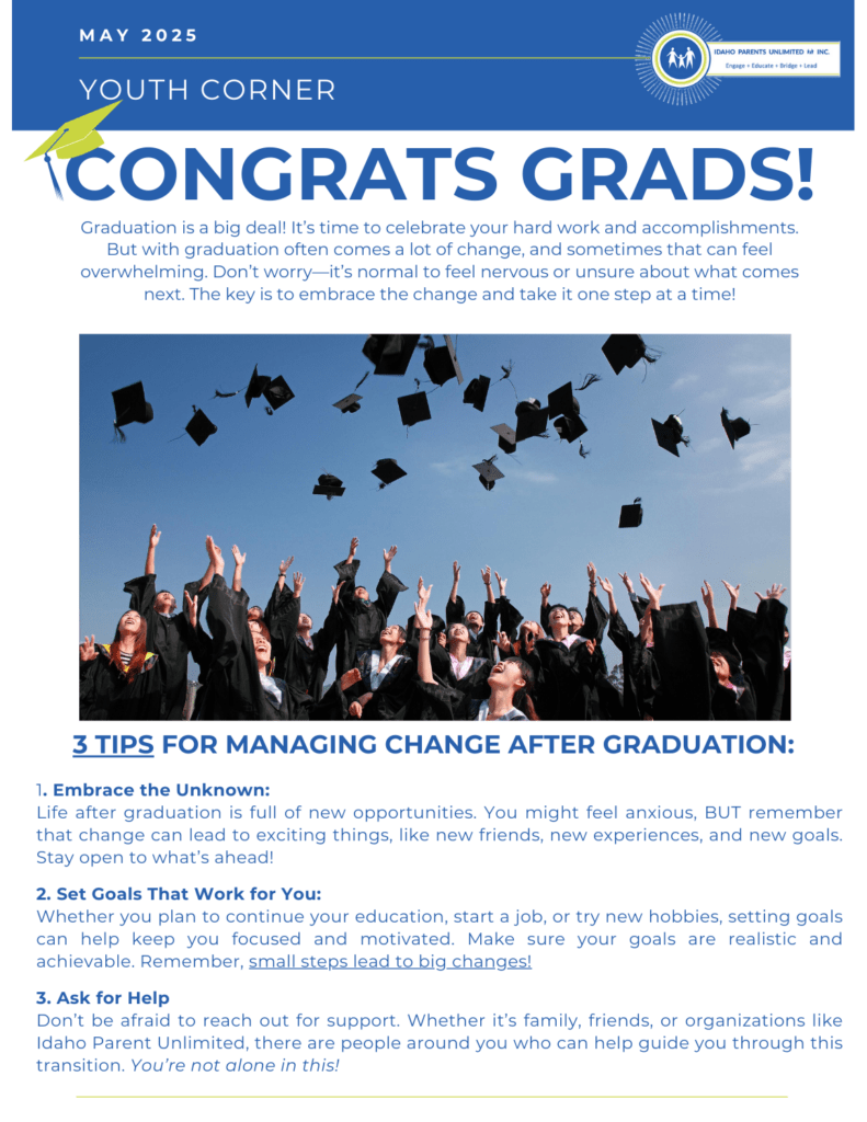 blue text on white background - an image of graduates throwing their hats in the air