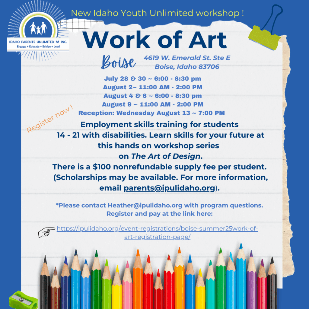 blue text on white background, bordered in blue, a row of colored pencils along the bottom of the image