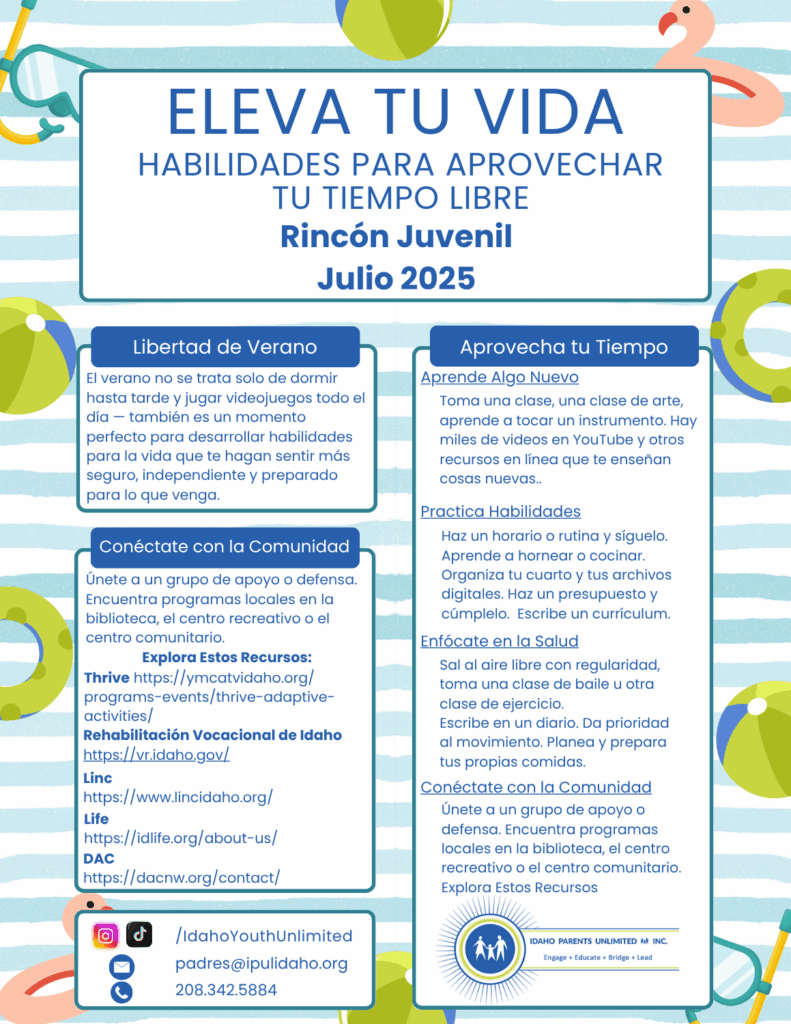 Rayas azules y blancas detrás de cuadros de texto que contienen imágenes de un flotador de flamenco, una pelota de playa y una máscara de buceo con esnórquel.
