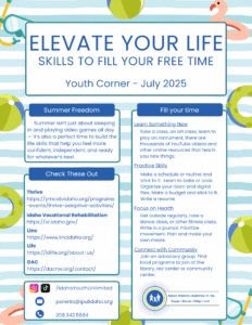 blue and white stripes behind text boxes that contain images of a flamingo pool float, a beach ball, and a diving mask with a snorkle