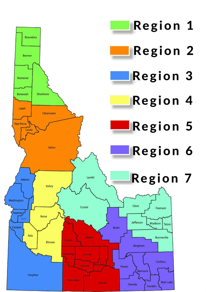 A map of the state of Idaho broken into regions delineated by color