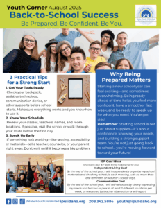 Youth corner flyer in English - across the top of the page is an image of multiple teens staring happily at the camera. In the bottom corner of the page is a similar image showing teens with their arms up triumphantly