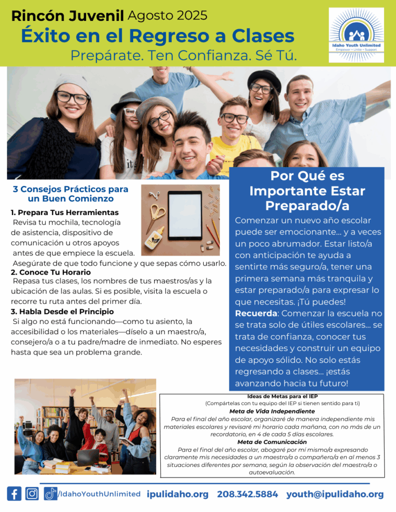 Folleto del Rincón Juvenil en inglés: en la parte superior de la página hay una imagen de varios adolescentes mirando felices a la cámara. En la esquina inferior de la página hay una imagen similar que muestra a adolescentes con los brazos levantados triunfalmente.