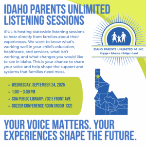 text is on the left and a cartoon of idaho in blue is on the right