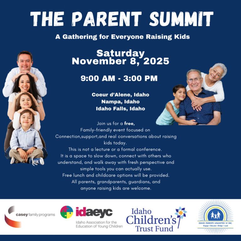 Dark Blue Background with white text, two images of families are on either side of the text