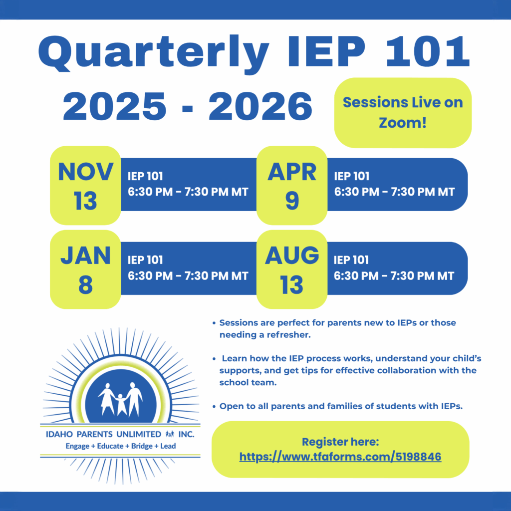 IEP 101 in large text at top -dates and times in the middle in boxes