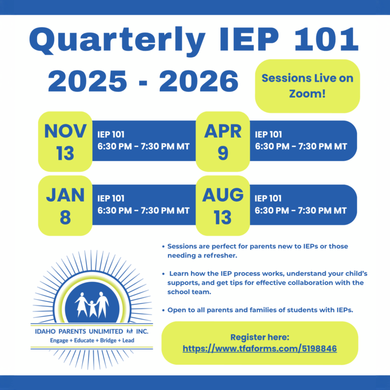IEP 101 in large text at top -dates and times in the middle in boxes