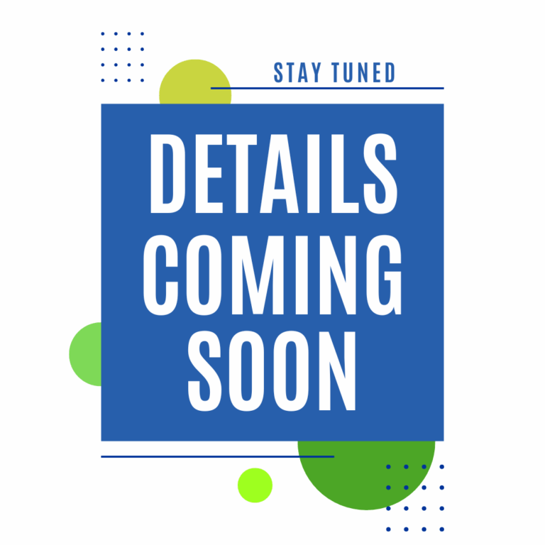 details coming soon in white text on a blue background with green spheres and blue dots stay tuned at the top