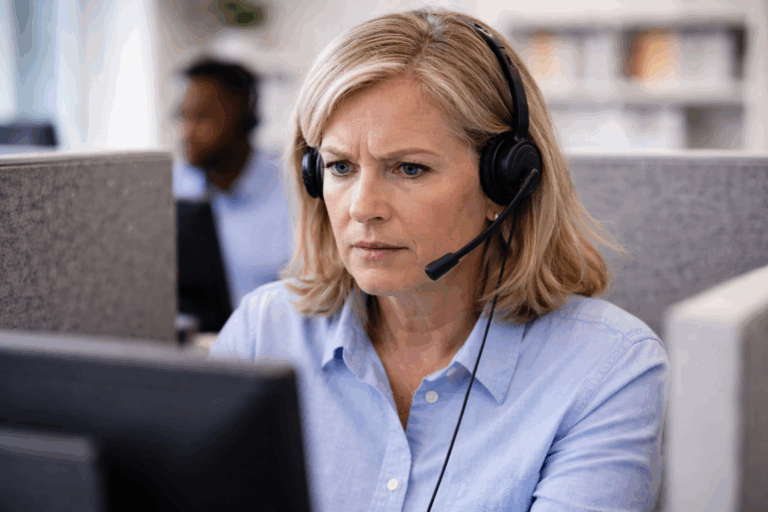 a woman in a call center looking very serious