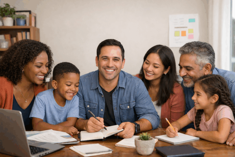 a group of people sit around a desk while a father fills out paperwork