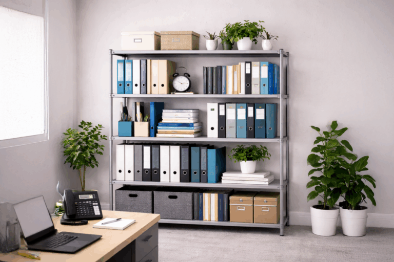 a bookcase in an office full of resources