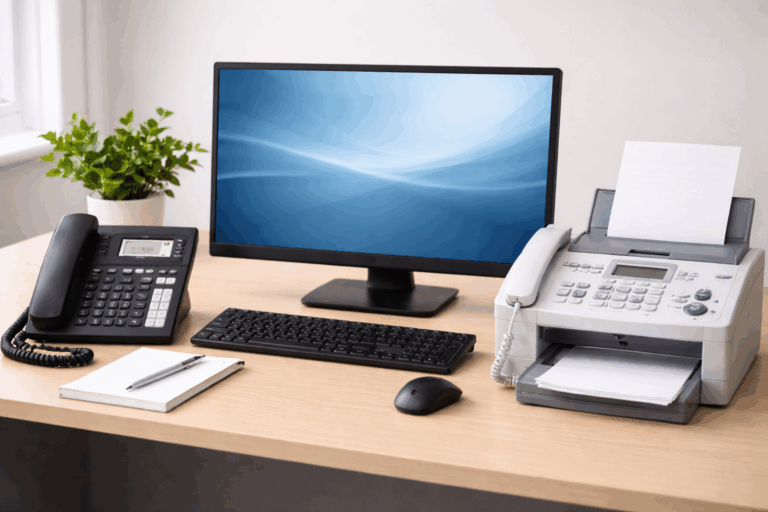A phone, computer, and fax machine on a desk
