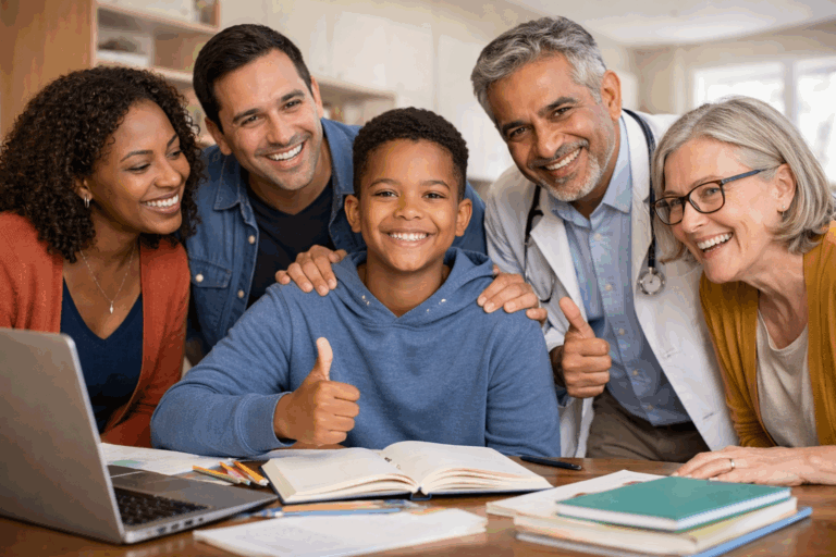 A mother, father, youth and two doctors smile and look happy for the future