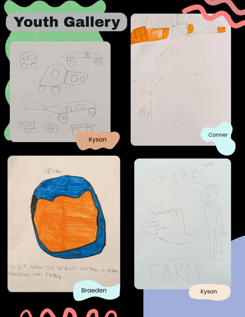 four youth drawn images on a black background