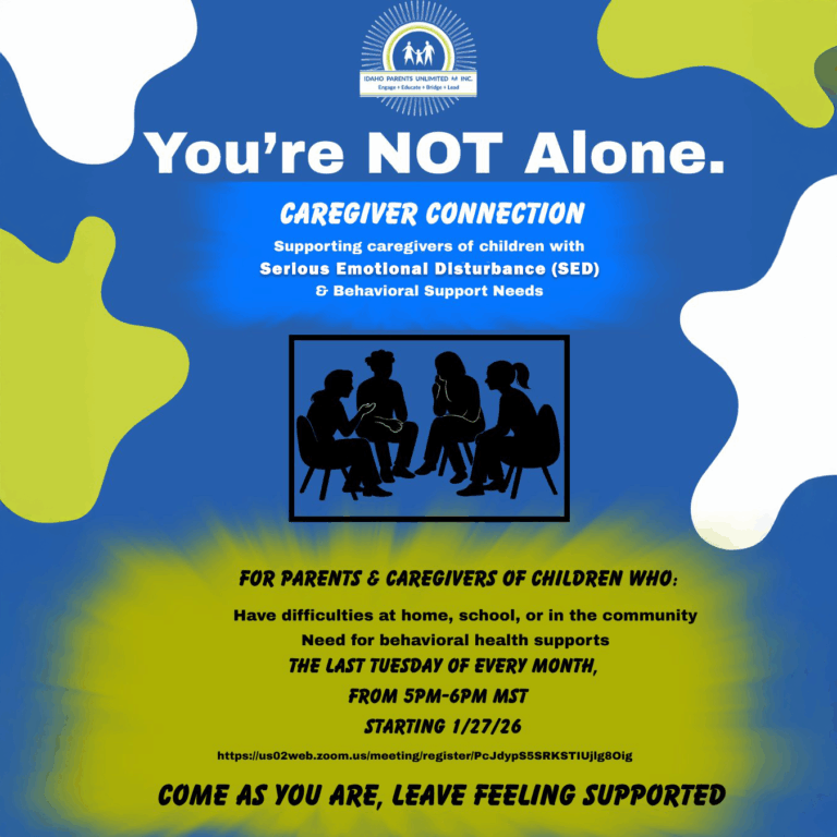 Blue background with a silhouette of people sitting in a circle talking white text on blue and black text on green above and below it