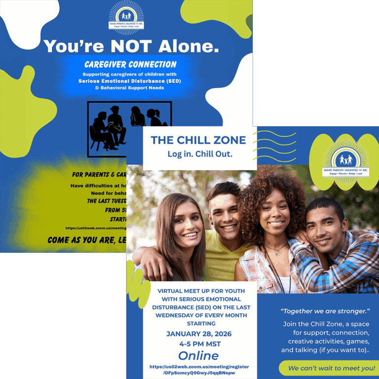 a collage of two fliers - caregiver connections and the chill zone