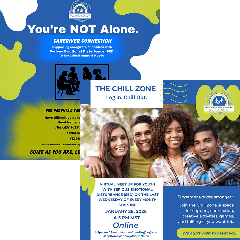 a collage of two fliers - caregiver connections and the chill zone