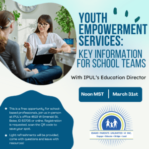 Image shows two people talking at a table next to text