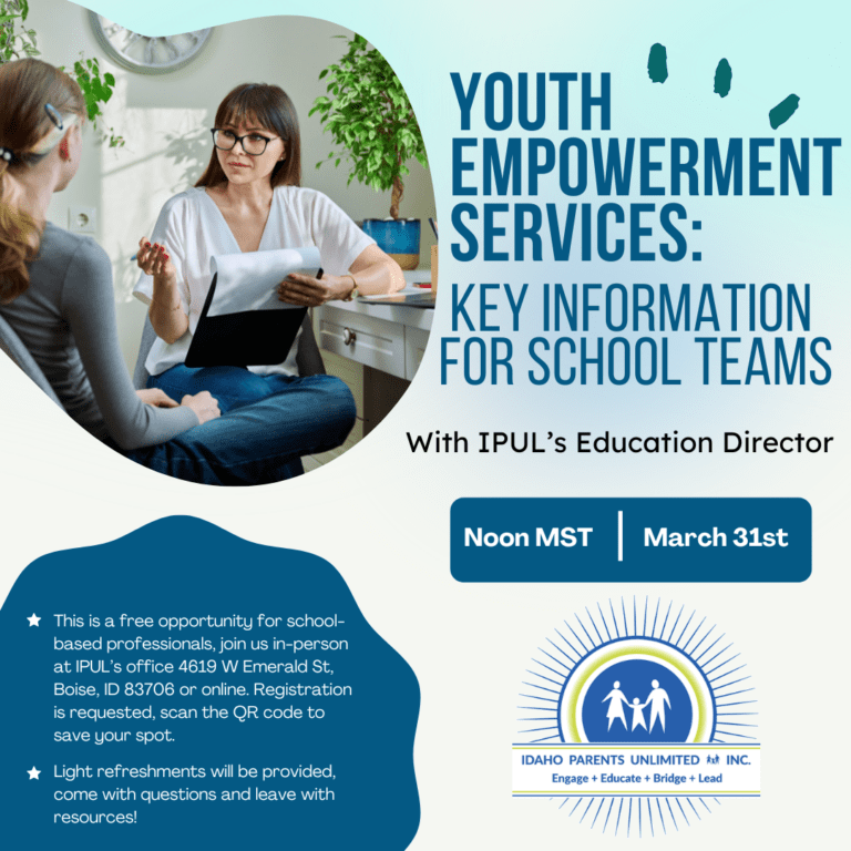 Image shows two people talking at a table next to text