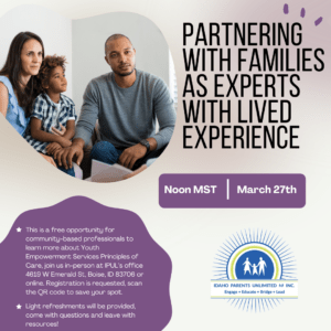 text surrounding an image of a family looking just to the right of the camera