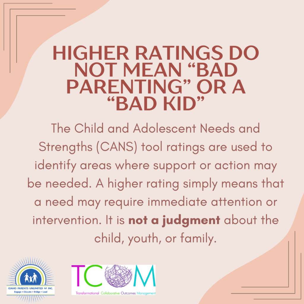 A square images that has peach colored corners on a light peach background with the text in the middle - at the bottom of the page are the TCOM and IPUL logos with 'Transformational Collaborative Outcomes Management" and "Idaho Parents Unlimited - Engage Educate Bridge Lead" as part of the logos.
