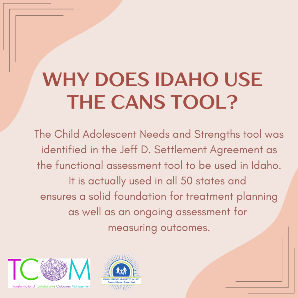 A square images that has peach colored corners on a light peach background with the text in the middle - at the bottom of the page are the TCOM and IPUL logos with 'Transformational Collaborative Outcomes Management" and "Idaho Parents Unlimited - Engage Educate Bridge Lead" as part of the logos.