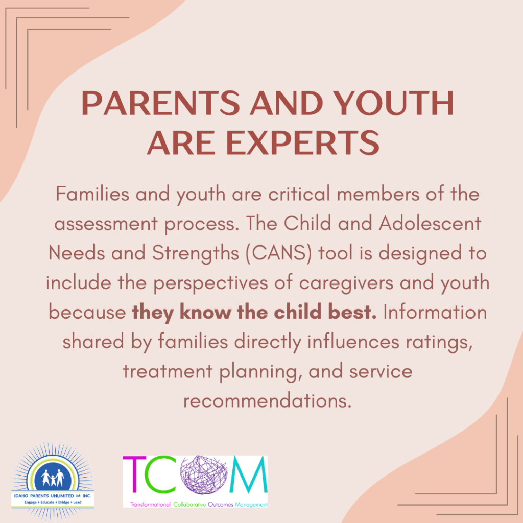 A square images that has peach colored corners on a light peach background with the text in the middle - at the bottom of the page are the TCOM and IPUL logos with 'Transformational Collaborative Outcomes Management" and "Idaho Parents Unlimited - Engage Educate Bridge Lead" as part of the logos.