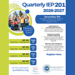 IEP 201 flyer - text and an image of a group of smiling people in the middle of the page