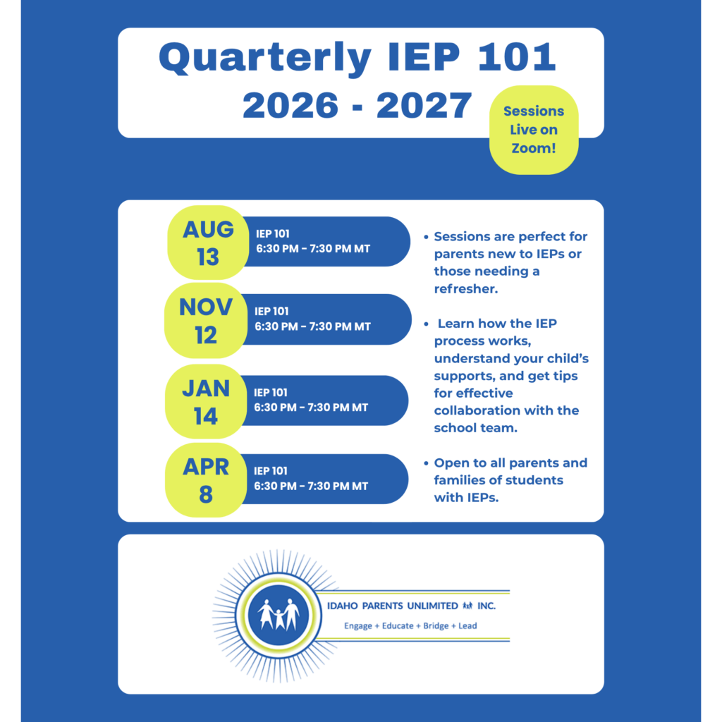 IEP 101 flyer blue backkground with green highlights and text