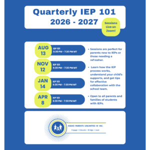 IEP 101 flyer blue backkground with green highlights and text