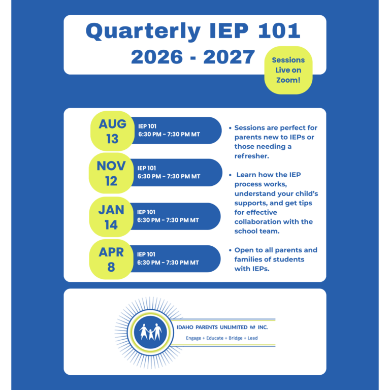 IEP 101 flyer blue backkground with green highlights and text