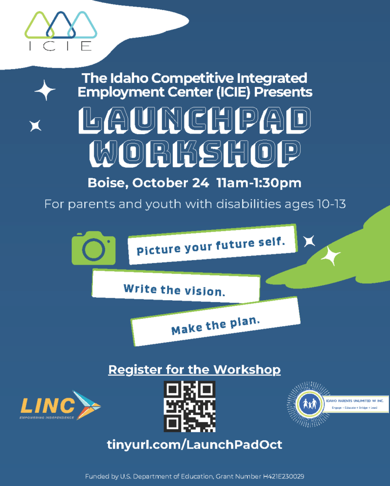 text on a blue background - ICIE, LINC and Idaho Parents Unlimited logos on the page as well as a qr code linking to the registration