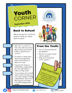 text in boxes - there is a cartoon of several youth - one in a wheelchair, one with a dog and heavy sunglasses