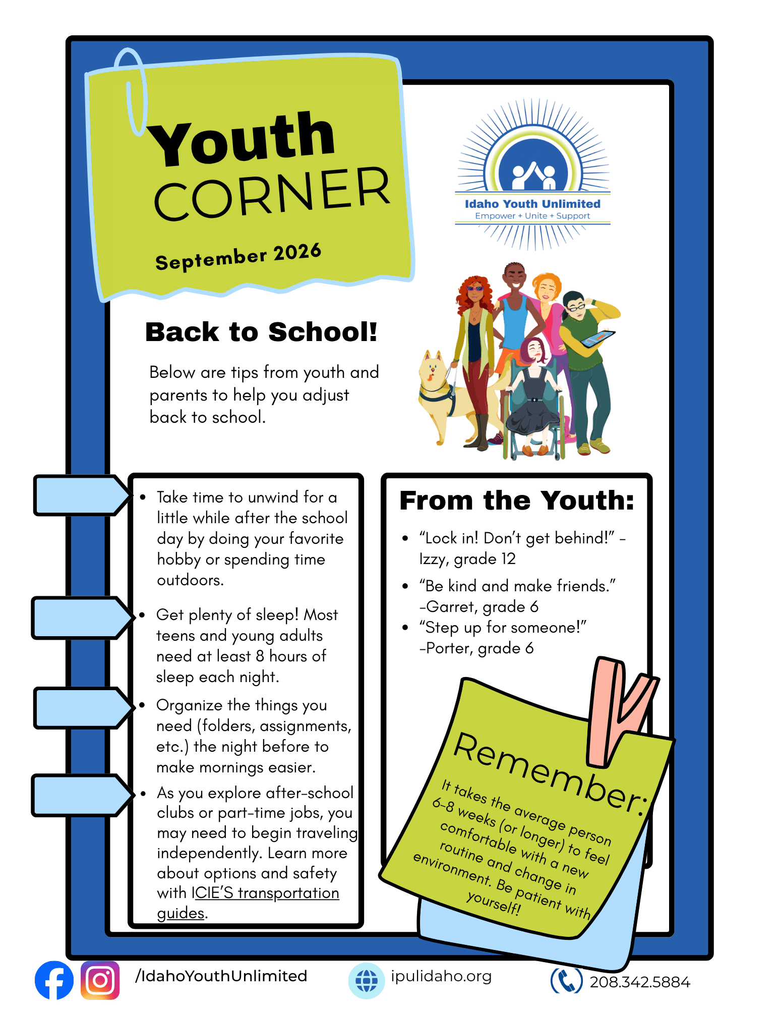 text in boxes - there is a cartoon of several youth - one in a wheelchair, one with a dog and heavy sunglasses