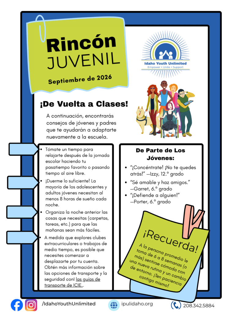 text in boxes - there is a cartoon of several youth - one in a wheelchair, one with a dog and heavy sunglasses