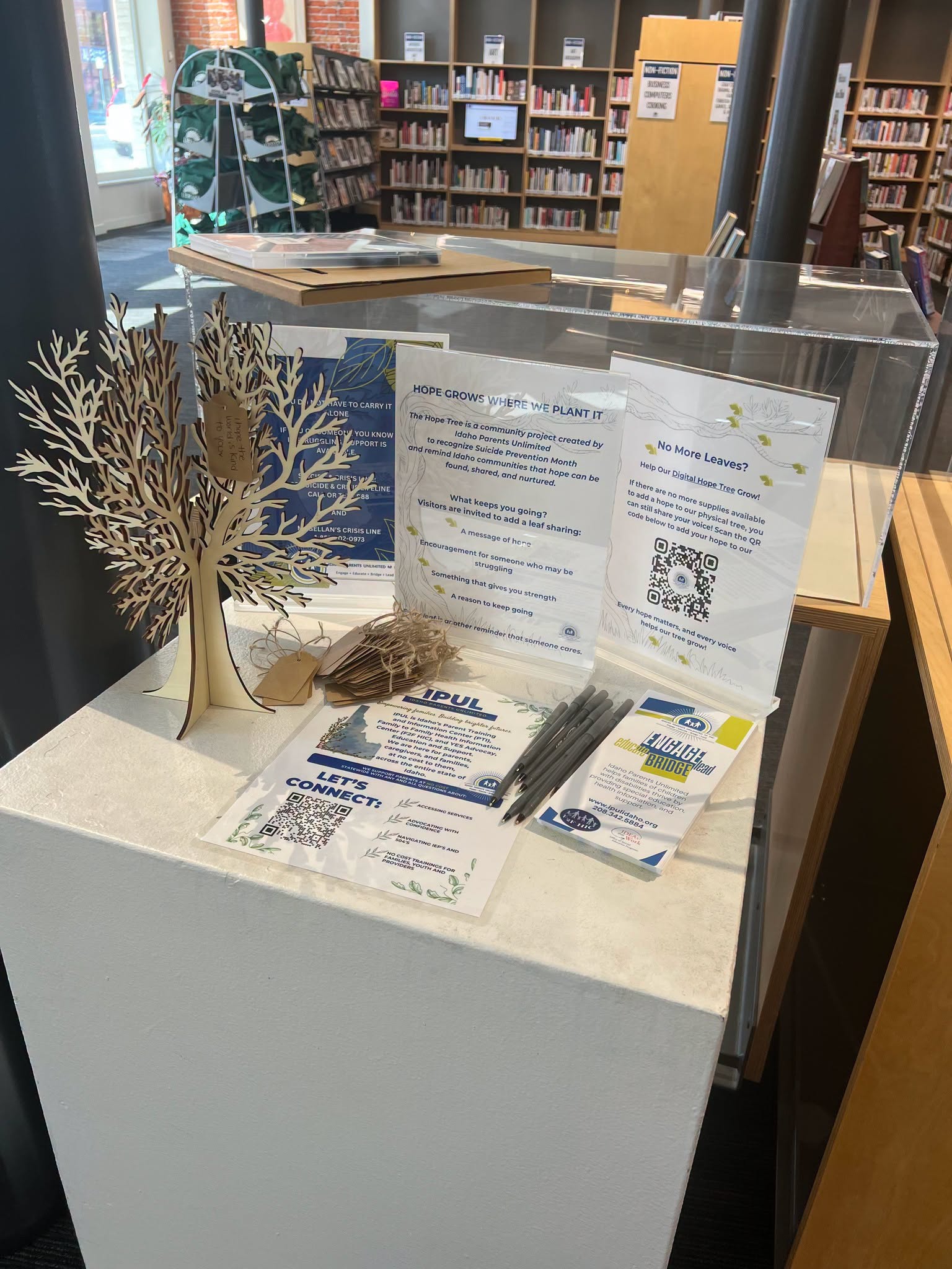 A Hope Tree display at a public library in Lewiston, Idaho