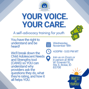Flyer with a white background and pale blue diagonal corner bands, showing a green megaphone and a dark blue head silhouette with a rising sun - image text next to image